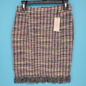 Maison Garrison Fringed Tweed Skirt Coquette Pastel Rainbow NWT medium pencil